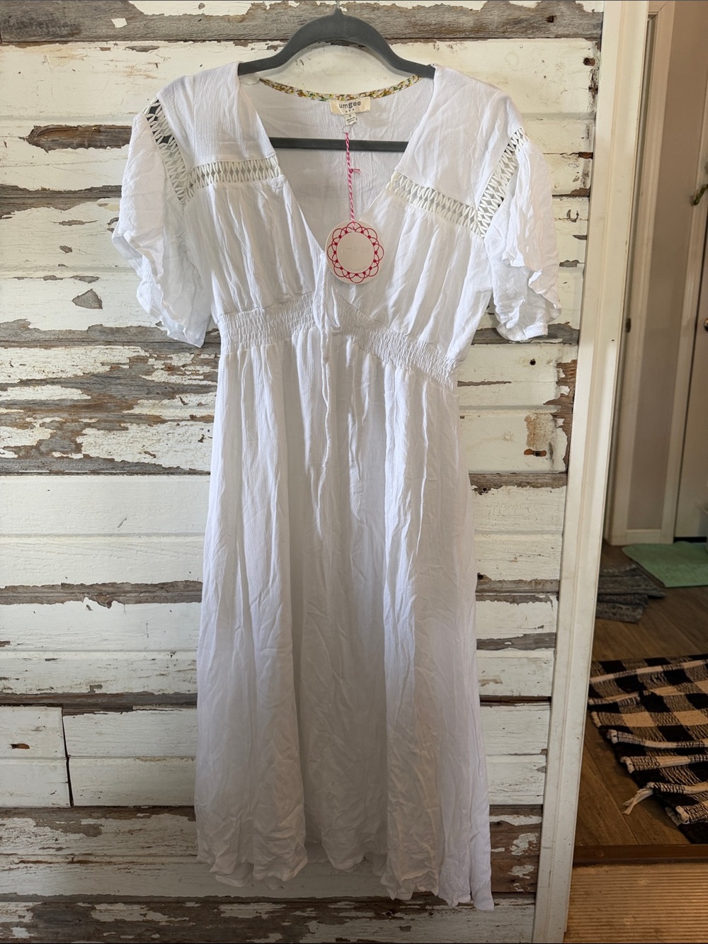 Umgee White Puff Sleeve Eyelet Midi Dress